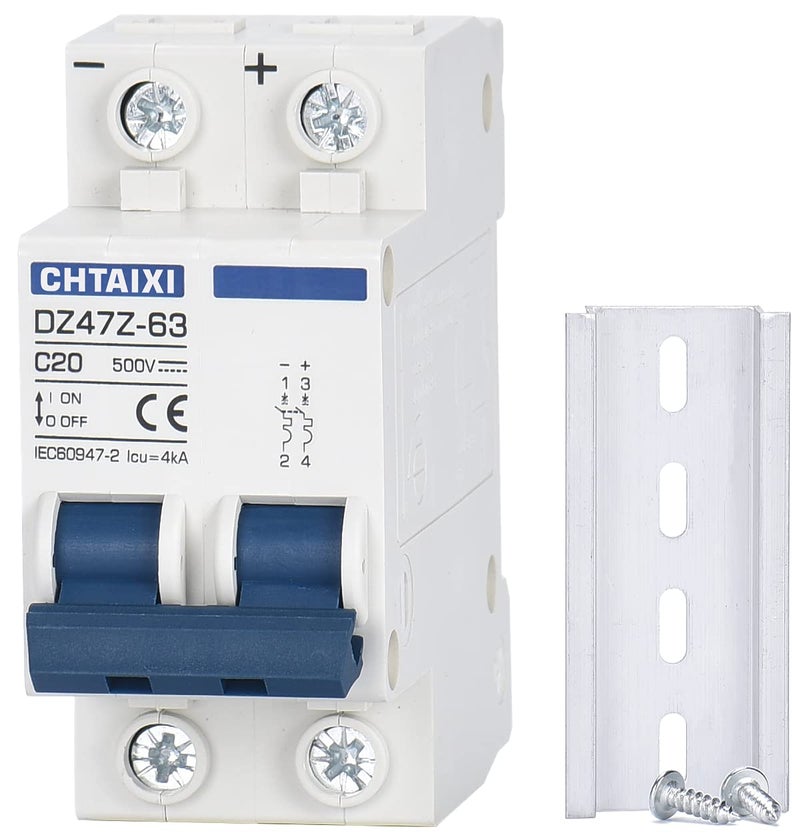 CHTAIXI DC Miniature Circuit Breaker, 2 Pole 500V 20 Amp Isolator for Solar PV System, Thermal Magnetic Trip, DIN Rail Mount, DC Disconnect Switch C20 - Image 1